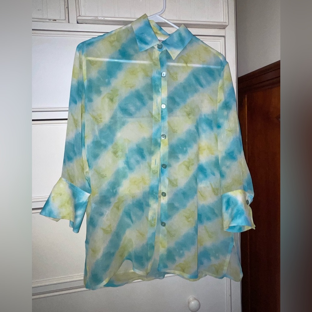 100% Silk Blue and Yellow Tie-Dye Sheer Blouse